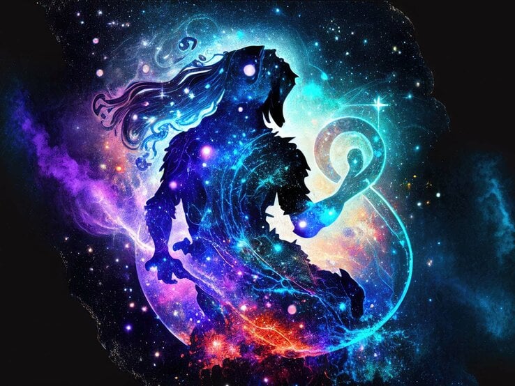 Zeichnung des astrologischen Symbols für das Sternzeichen Wassermann vor dem dunklen Universum mit Sternen und einem Nebel darum herum. | © Adobe Stock/ Lazy_Bear (KI-generiert)