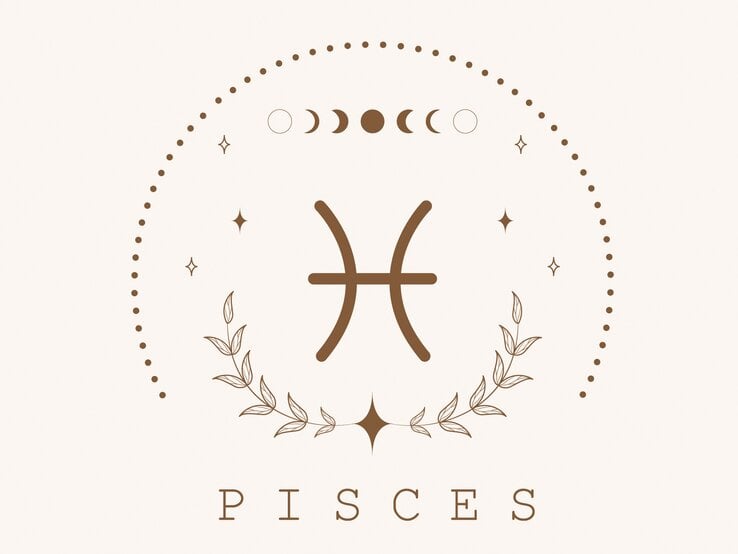 Zeichnung des astrologischen Symbols für das Sternzeichen Fische auf hellem Untergrund, umrahmt von Punkten und dem Mond in seinen verschiedenen Phasen.