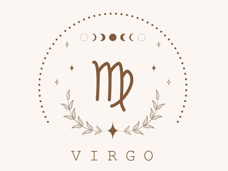 Zeichnung des astrologischen Symbols für das Sternzeichen Jungfrau auf hellem Untergrund, umrahmt von Punkten und dem Mond in seinen verschiedenen Phasen.