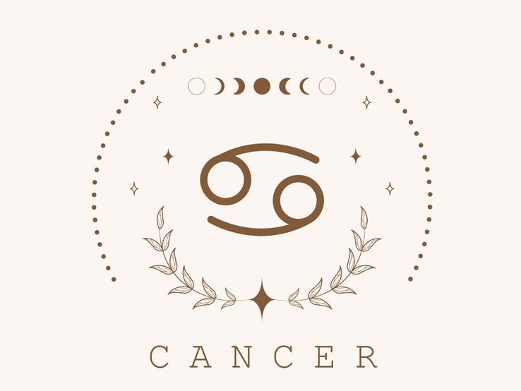 Zeichnung des astrologischen Symbols für das Sternzeichen Krebs auf hellem Untergrund, umrahmt von Punkten und dem Mond in seinen verschiedenen Phasen.