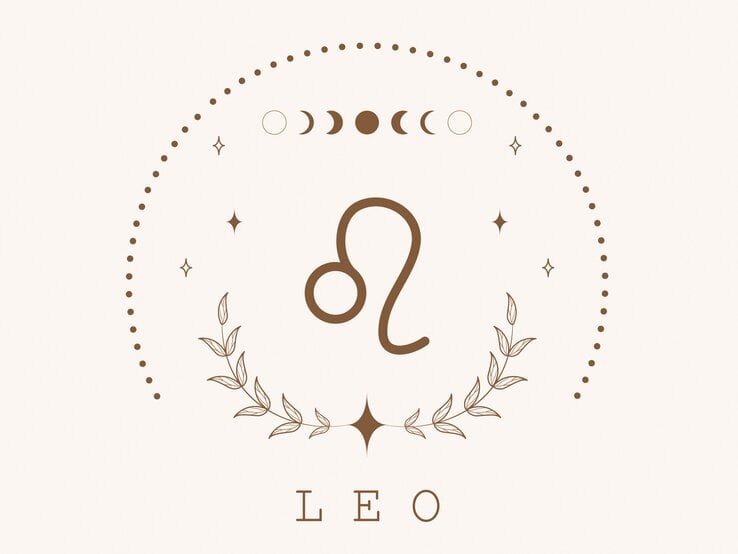 Zeichnung des astrologischen Symbols für das Sternzeichen Löwe auf hellem Untergrund, umrahmt von Punkten und dem Mond in seinen verschiedenen Phasen.