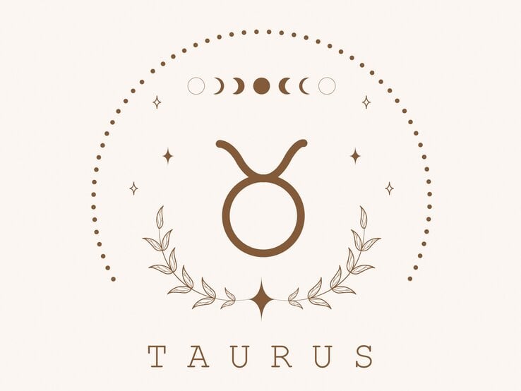 Zeichnung des astrologischen Symbols für das Sternzeichen Stier auf hellem Untergrund, umrahmt von Punkten und dem Mond in seinen verschiedenen Phasen.