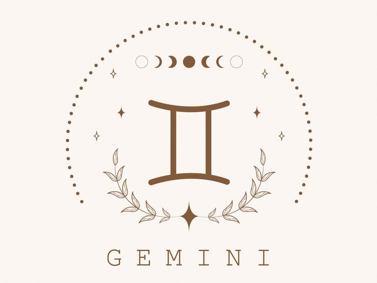 Zeichnung des astrologischen Symbols für das Sternzeichen Zwillinge auf hellem Untergrund, umrahmt von Punkten und dem Mond in seinen verschiedenen Phasen.