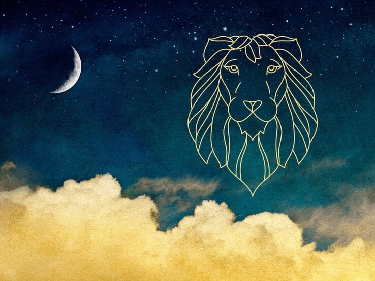 Grafik mit dem astrologischen Symbol des Sternzeichens Löwe vor dem Hintergrund eines Viertelmondes und gelben Wolken. Der Kosmos ist ein Farbverlauf von unten nach oben von Dunkelgrün zu Dunkelblau. Im Dunkelblauen Bereich sind zahlreiche Sterne zu sehen. | © SchraderStock und sketchify via Canva.com [M]