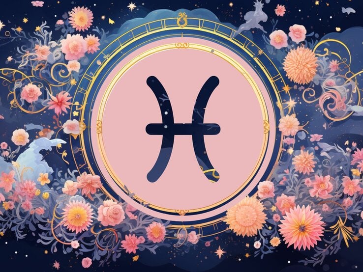 Jahreshoroskop Fische: Ein rundes astrologisches Symbol des Sternzeichens vor einem blauen Hintergrund voller floraler Ornamente und pastellenen pinkfarbenen Blumen, die sich darum herumranken. | © KI-generiert und Nack Thanakorn via Canva.com