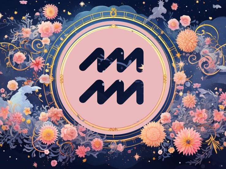 Jahreshoroskop Wassermann: Ein rundes astrologisches Symbol des Sternzeichens vor einem blauen Hintergrund voller floraler Ornamente und pastellenen pinkfarbenen Blumen, die sich darum herumranken. | © KI-generiert und Nack Thanakorn via Canva.com