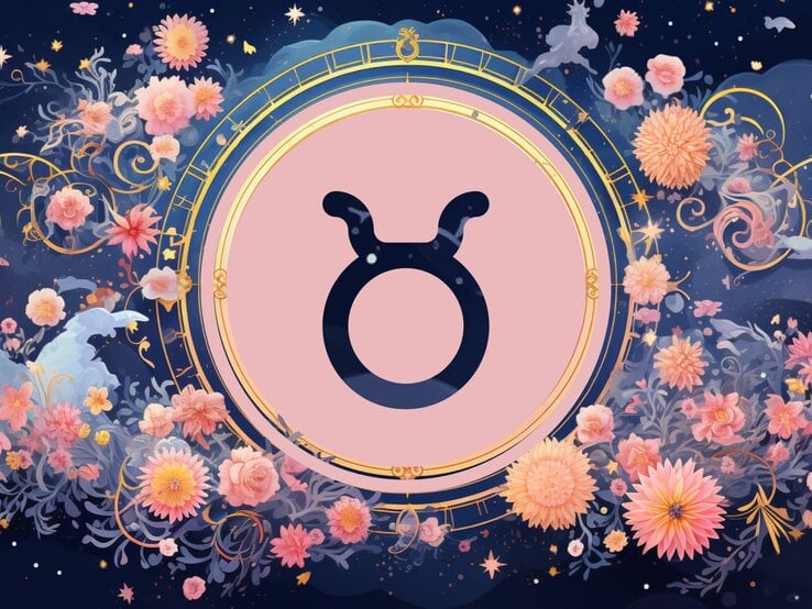 Jahreshoroskop Stier: Ein rundes astrologisches Symbol des Sternzeichens vor einem blauen Hintergrund voller floraler Ornamente und pastellenen pinkfarbenen Blumen, die sich darum herumranken. | © KI-generiert und Nack Thanakorn via Canva.com