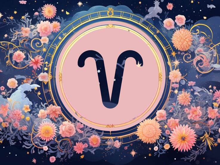 Jahreshoroskop Widder: Ein rundes astrologisches Symbol des Sternzeichens vor einem blauen Hintergrund voller floraler Ornamente und pastellenen pinkfarbenen Blumen, die sich darum herumranken. | © KI-generiert und Nack Thanakorn via Canva.com