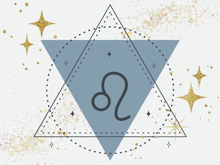 Das astrologische Symbol für das Sternzeichen Löwe vor einem dunkelgrauen Dreieck, dessen Spitze nach unten zeigt, umgeben von goldenen Sternen. | © Keronyart's Images/ Be keronyart, Anastezia Luneva und Ourevent.id/ rntyass via Canva.com [M]