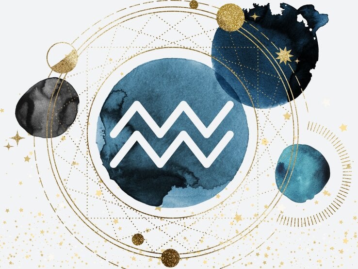 Drei Planeten in Aquarelltechnik in der Farbe Blau kreisen um einen vierten auf goldenen Bahnen, auf denen kleinere goldene Planeten zu sehen sind. Innerhalb des Planeten im Zentrum ist das astrologische Symbol des Sternzeichens Wassermann zu sehen.