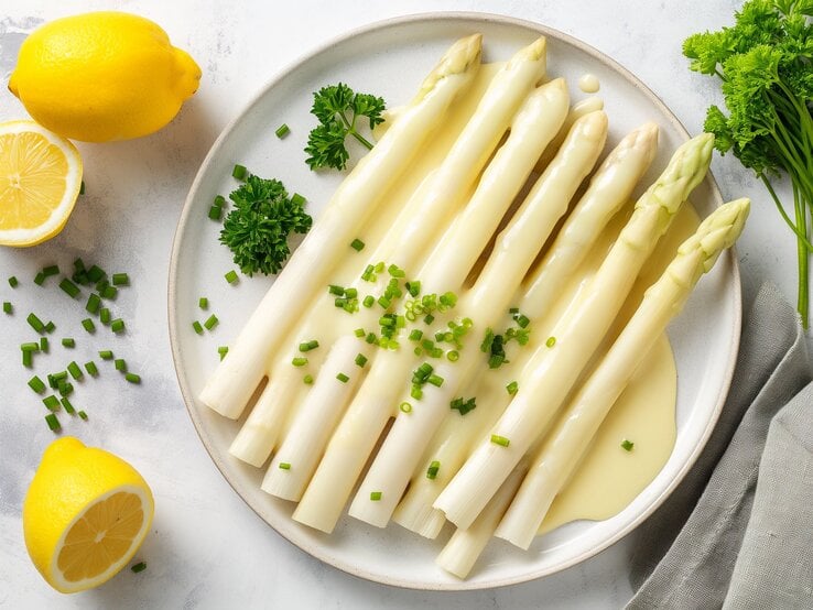 Frisch gekochte weiße Spargelstangen mit cremiger Sauce Hollandaise, garniert mit Schnittlauch auf weißem Teller neben Zitronen.