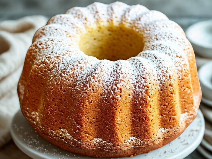 Frisch gebackener Vanille-Joghurt-Schüttelkuchen mit gleichmäßiger Kruste und feinem Puderzucker auf rustikal gedecktem Tisch.