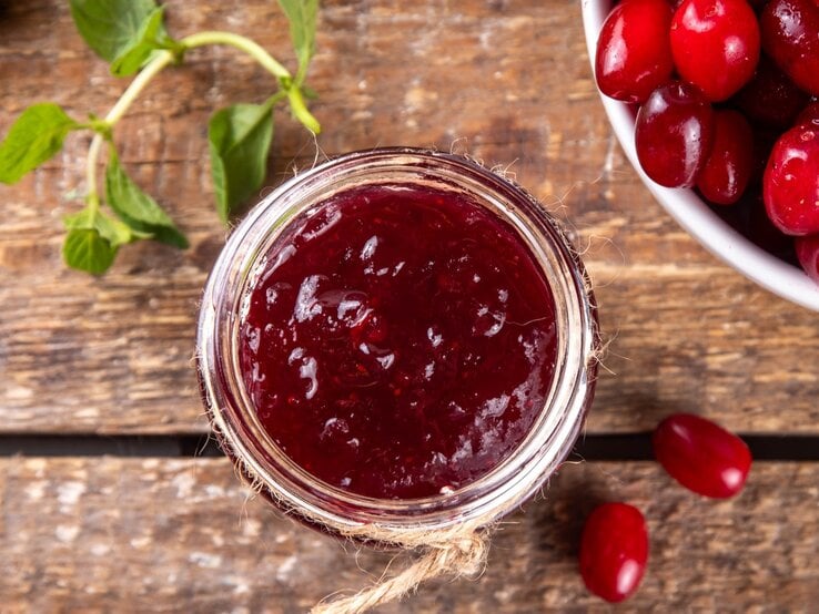 Draufsicht: Eine selbst gemachte Kornelkirschen-Marmelade / Drumherum frische Kornelkirschen / Untergrund Holz /