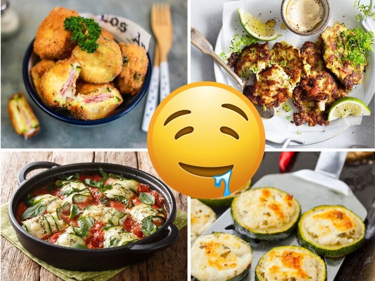Collage mit vier Zucchini-Gerichten: links oben panierte Zucchini-Taler mit Schinken und Käse, rechts oben knusprige Zucchini-Puffer mit Dip und Limette, links unten Zucchini-Röllchen in Tomatensoße, rechts unten gratinierte, gefüllte Zucchini-Scheiben; in der Mitte ein sabbernder Emoji.