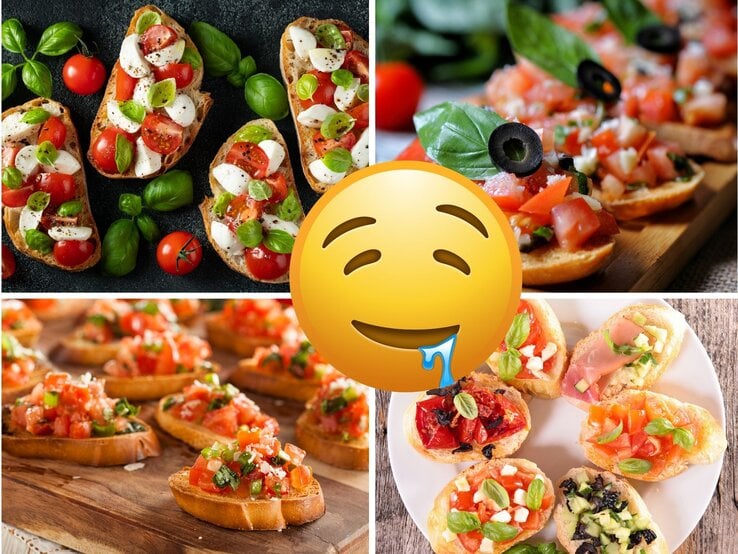 Collage mit knusprigen Bruschetta-Variationen aus Tomaten, Basilikum, Mozzarella, Oliven und Schinken, dekorativ auf verschiedenem Geschirr angerichtet.