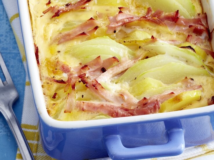 Ofen-Kohlrabi mit Schinken in eckiger Form / Küchentuch / Gabel / Draufsicht