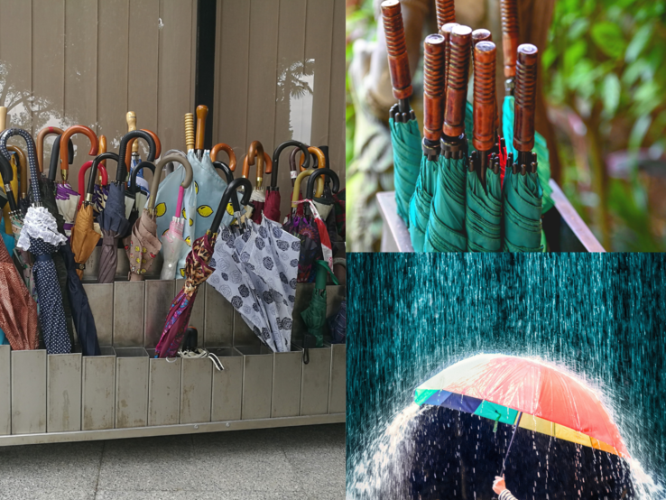 Verschiedenfarbige Regenschirme in Haltern, dazu ein bunter Schirm im strömenden Regen, gehalten von einer Person.