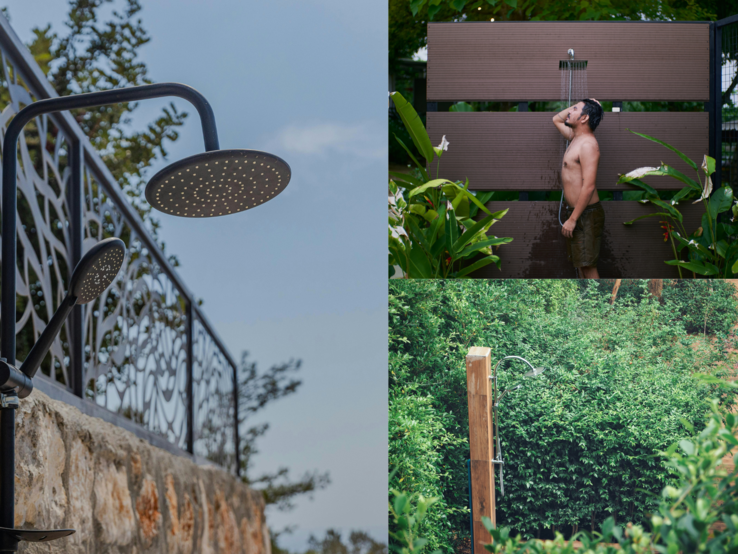 Drei unterschiedliche Gartenduschen: modern an Steinmauer, funktional im Tropengarten mit duschendem Mann, rustikal im dichten Grünwald.