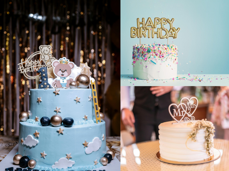 Cake Topper basteln: Drei festliche Torten: eine blaue mit Bärchen und Sternen, eine bunte mit Streuseln und eine weiße Hochzeitstorte mit Herzdeko.