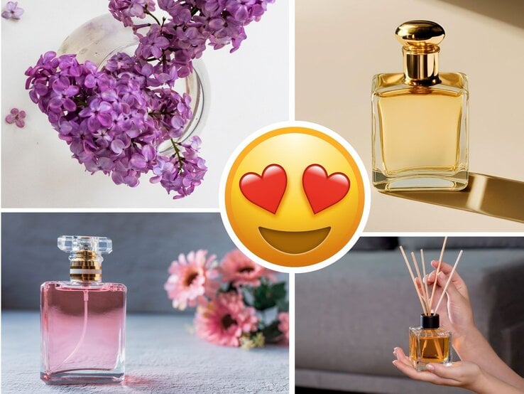 Collage mit Fliederblüten, Parfumflakons in Gold und Rosa, Raumduft mit Stäbchen und Herzchen-Smiley in der Mitte.