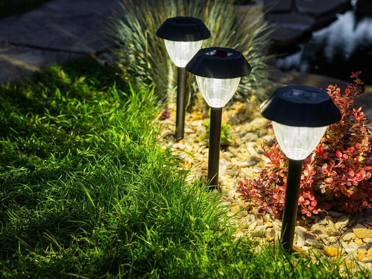 Drei leuchtende Solarlampen säumen einen Gartenweg mit Zierkies, roten Sträuchern und frisch gemähtem Rasen.