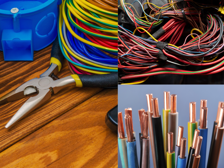 Bunte Elektrokabel, Abisolierzange und Verteilerbox liegen auf Holz, daneben Detailaufnahmen von Kupferdrähten und Kabelsalat.