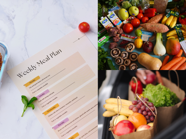 Bunter DIY-Speiseplan mit Basilikum und Tomate, daneben frisches Gemüse, Obst und vegane Produkte, teils in Papiertüten im Autokofferraum.