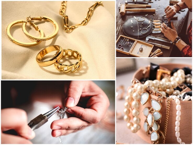 Werkbank mit Schmuckwerkzeug, daneben detailreiche Nahaufnahmen von Goldschmuck, Perlenketten und handgefertigtem Silberanhänger.