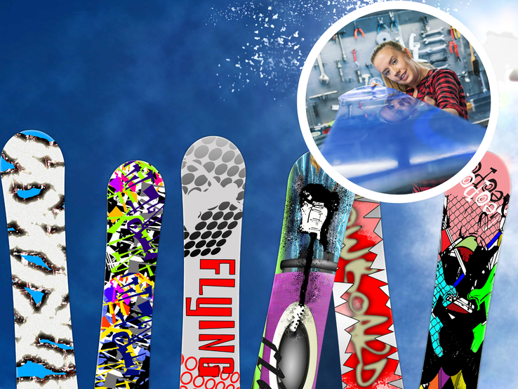 Sechs bunte Snowboards mit grafischen Mustern vor blauem Himmel, oben rechts junge Frau in Werkstatt beim Polieren eines Brettes.