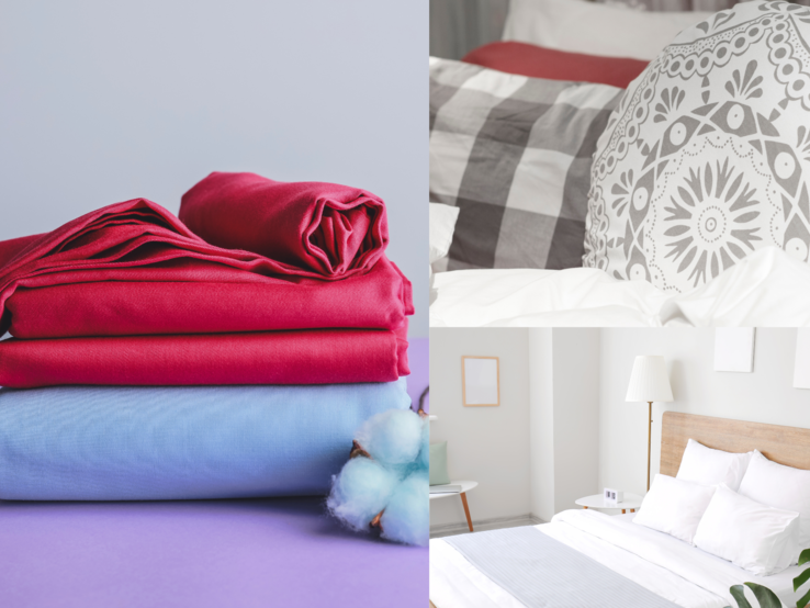 Gefaltete rote und blaue Bettlaken, moderne Betten mit weißer und gemusterter Bettwäsche in hellen, stilvoll eingerichteten Schlafzimmern.