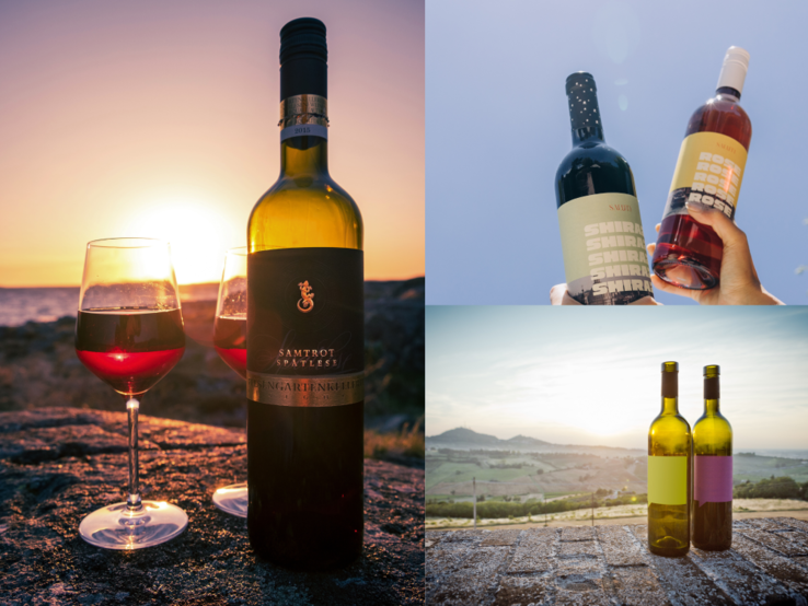 Drei Weinszenen: am Meer im Sonnenuntergang, zwei Flaschen vor blauem Himmel, moderne Etiketten und Flaschen vor Hügellandschaft.