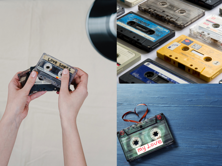 Drei nostalgische Szenen mit Kassetten: in Händen, bunt sortiert auf Tisch und mit Herzform aus Band auf blauem Holz.