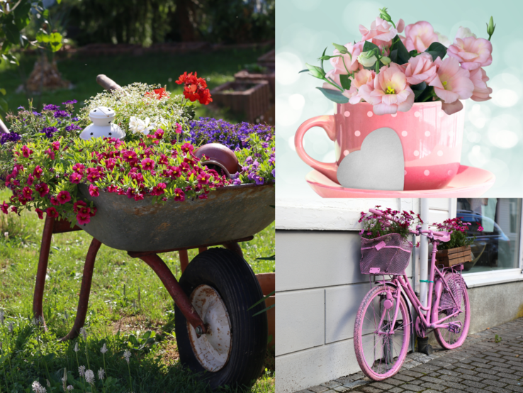 Bunte Blumen in Schubkarre, rosa Fahrrad und Tasse mit Blüten – kreative Pflanzideen in Garten, Straße und auf pastellfarbenem Grund.