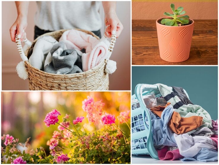 Nahaufnahme eines Korbs mit frisch gefalteten, weichen Handtüchern in Grau und Rosa, gehalten von einer Person in lässiger Kleidung vor neutralem Hintergrund.
