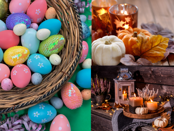 Bunter Osterkorb mit glitzernden Eiern trifft auf herbstliche Kürbisse, Kerzenlicht, Trockenblumen und Deko auf dunklem Holz.