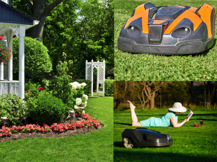 Junge Frau im Sommerkleid liest auf Rasen neben Mährobotern, vor gepflegtem Garten mit Blumenbeet, Pavillon und Rosenbogen.