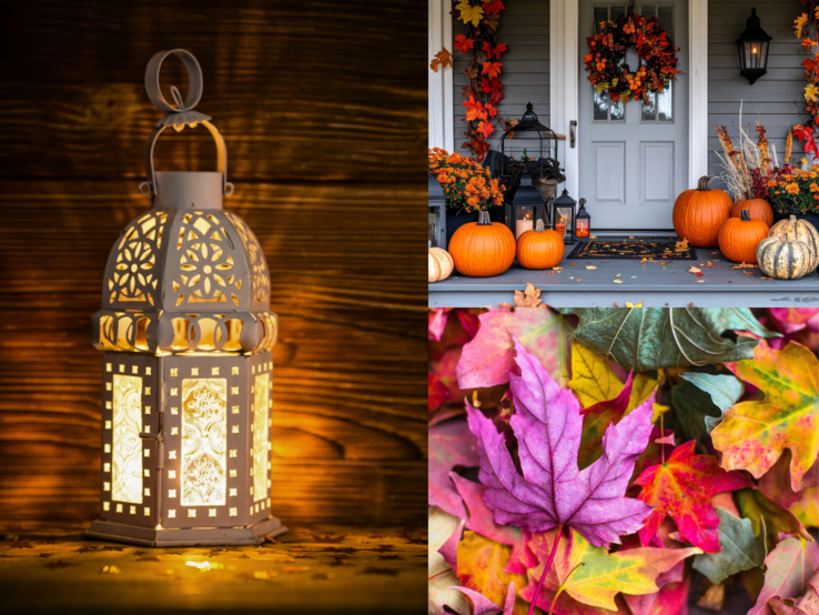 Leuchtende Laterne, herbstlich geschmückte Veranda mit Kürbissen und bunte Ahornblätter auf feuchtem Waldboden im Detail.
