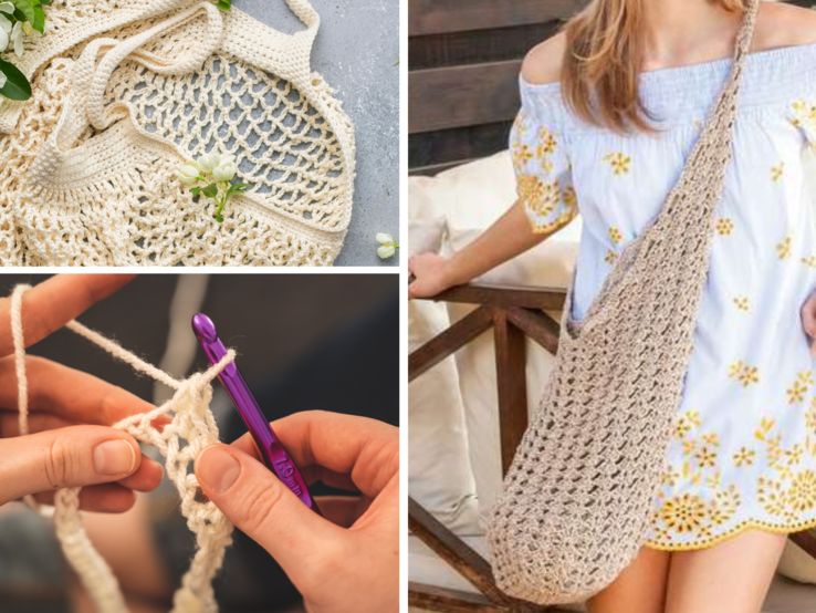 Handgemachte Häkel-Taschen aus beigem Garn in verschiedenen Designs, eine davon getragen von einer Frau im Sommerkleid mit Blumenmuster.