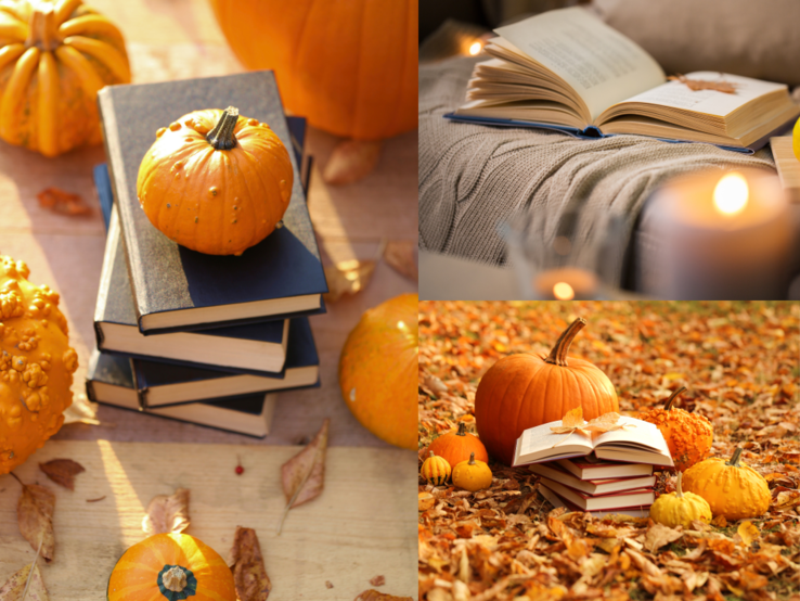 Drei herbstliche Szenen mit Kürbissen und Büchern: auf Laub, Holz und Strickdecke, teils mit Kerze, offen und stimmungsvoll arrangiert.