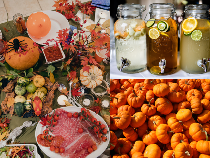Herbstliches Buffet mit Mini-Kürbissen, Wurstplatte, Ahornblättern und DIY-Kürbis-Getränkespender vor einem Berg leuchtend orangefarbener Kürbisse.