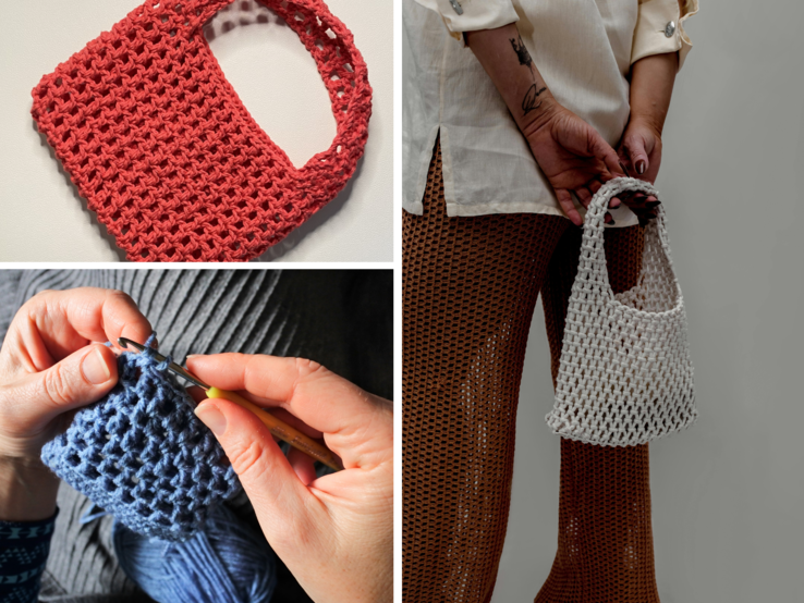 Nahaufnahme von Händen beim Häkeln einer blauen Tasche, darüber rote Tasche auf Weiß, rechts Frau mit weißer Tasche.