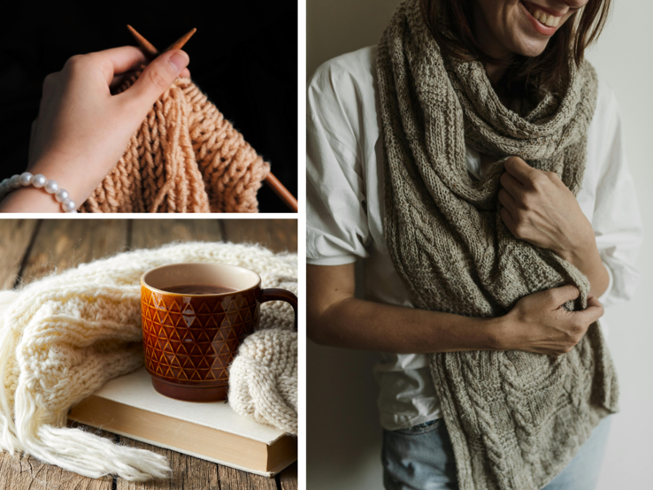 Hand mit Perlenarmband strickt beige Wolle im Rippenmuster, rechts Frau mit Schal, unten Tasse auf Strickstück.