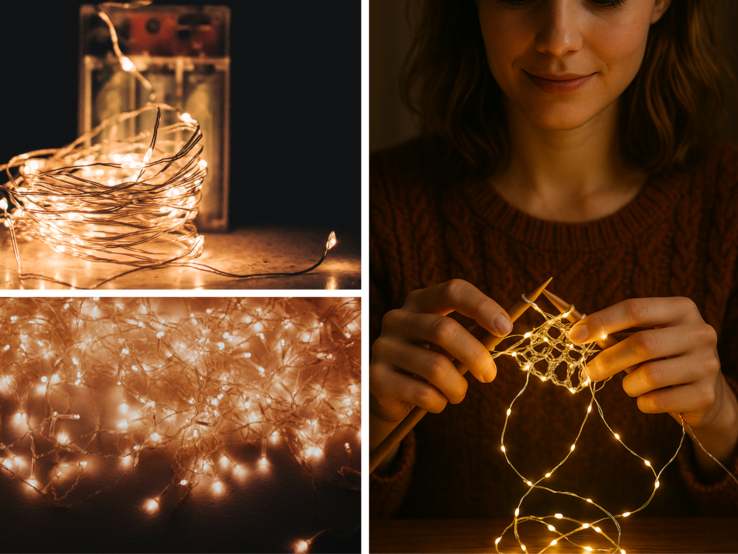 Junge Frau in braunem Strickpullover strickt mit leuchtender Lichterkette, umgeben von warmem, goldenem Licht.