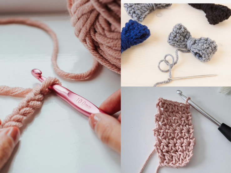 Drei Szenen zeigen rosa Häkelarbeit mit Nadel, fertige Schleifen in Grau und Blau sowie ein halbfertiges Häkelstück auf weißem Tisch.