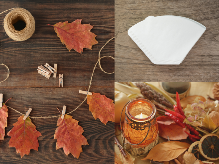 Herbstliche DIY-Deko mit Ahornblättern, Juteschnur und Klammern auf dunklem Holz, Weiße Kaffeefilter auf Holzuntergrund, Teelicht im Vintageglas zwischen Chilischoten und Trockenblumen, Ahornblätter an Juteschnur mit Bastelmaterialien arrangiert, Brennendes Windlicht zwischen getrocknetem Herbstdekor, Juteschnur, Kaffeefilter und Herbstblätter auf rustikalem Tisch.