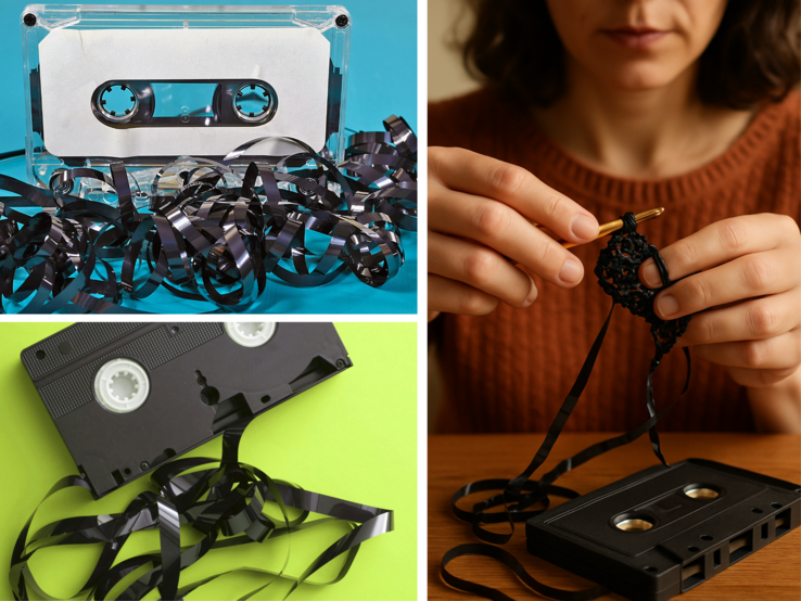 Kreative Bildcollage mit verknäultem Bandmaterial: Frau häkelt aus Videoband, Audiokassette und VHS-Kassette liegen chaotisch.