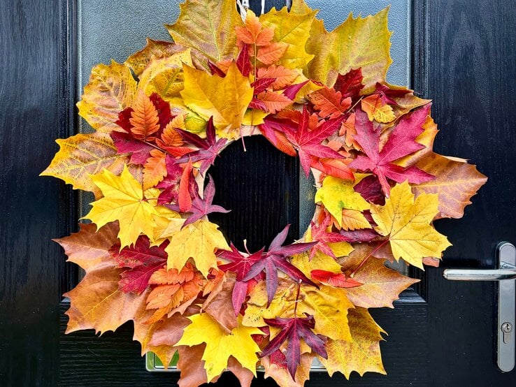 Bunter Herbstkranz aus gelben, roten und braunen Blättern hängt dekorativ an einer glänzend schwarzen Haustür.