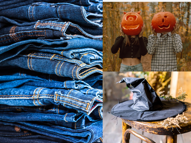 Ein Stapel blauer Jeans, zwei junge Menschen mit Kürbisköpfen im herbstlichen Wald und ein schwarzer Hexenhut auf Holzstuhl.
