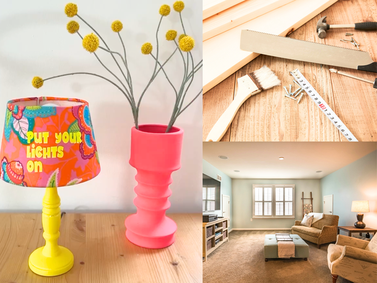 Bunte Lampe und pinke Vase auf Holztisch, daneben Werkzeuge für Heimwerken und ein helles, gemütliches Wohnzimmer mit Sofa.