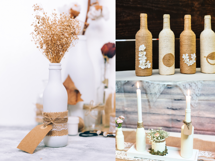 Rustikale Deko mit Jutegarn: Bemalte Flaschen dienen als Vasen, Kerzenhalter oder verziert mit Spitze und Trockenblumen als Tischschmuck.
